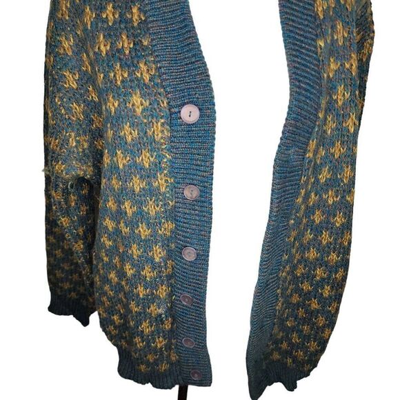 Vintage 60s Wool Cardigan Sweater Women's Size L Green Gold Chunky Knit Fleur De - Picture 5 of 7